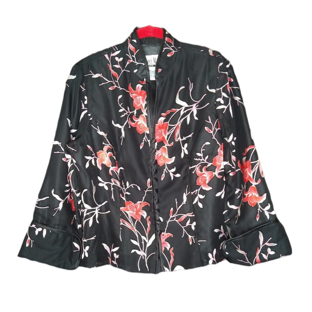 Vintage Asian Style Floral Jacket with Cuffed Sleeves size 12 Jacquard Tai Chi